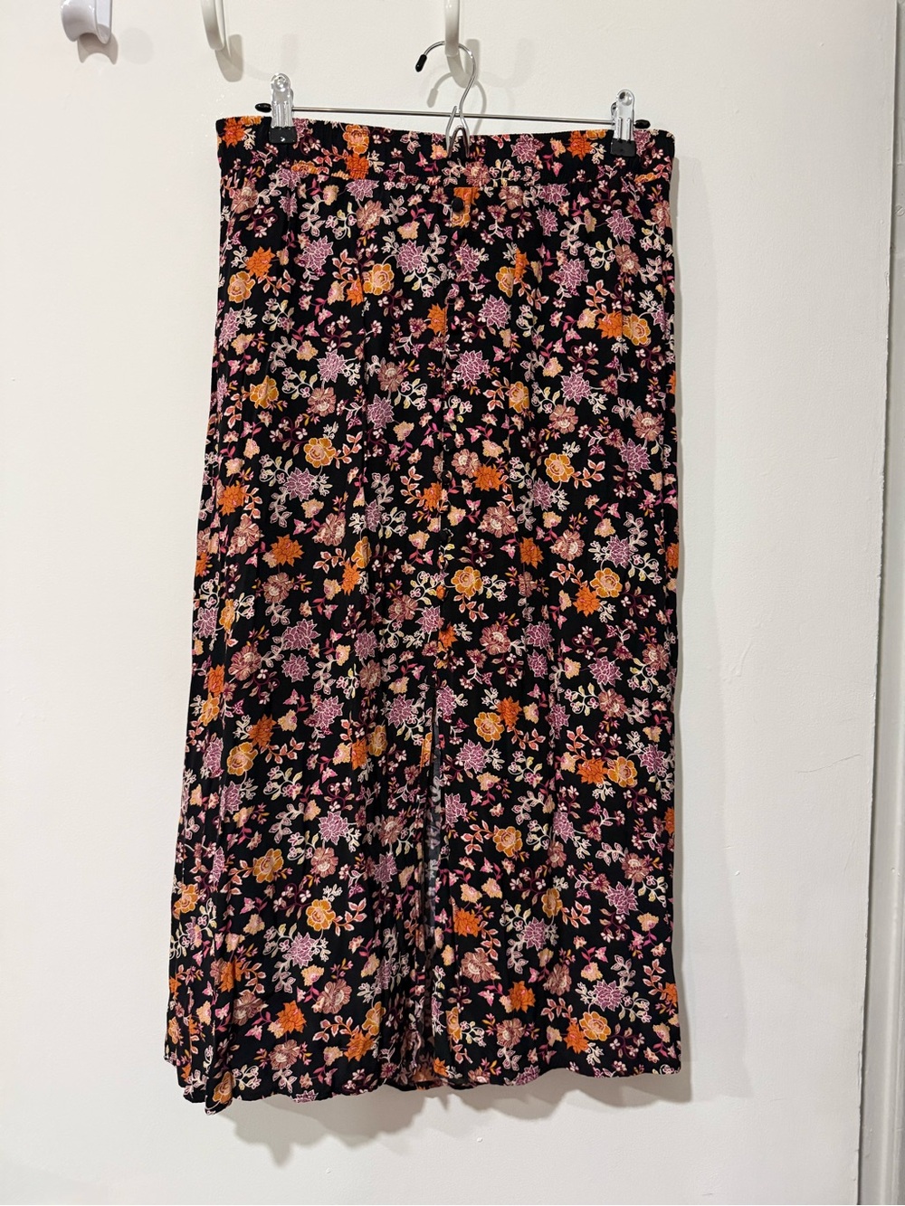 Women's Black Floral Midi Skirt - Pink & Orange Print